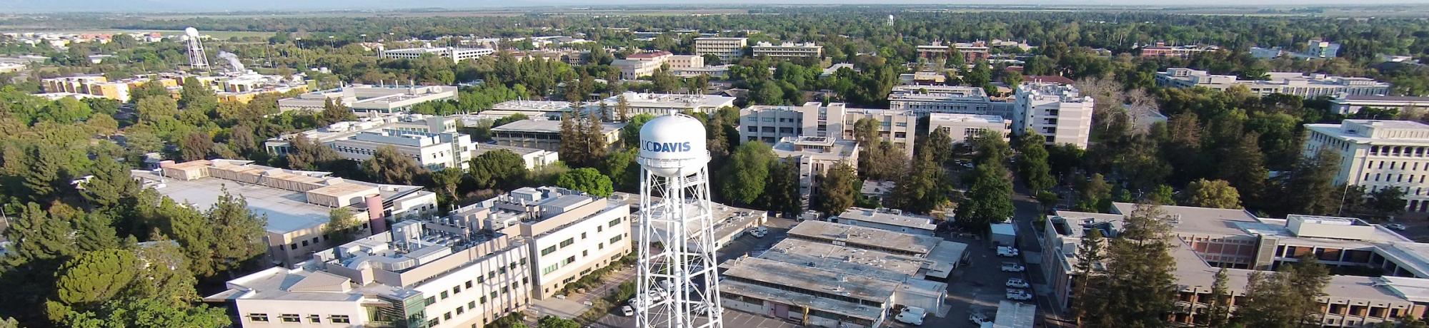 Over-all aerial drone photos of campus landmarks. The campus water tower.