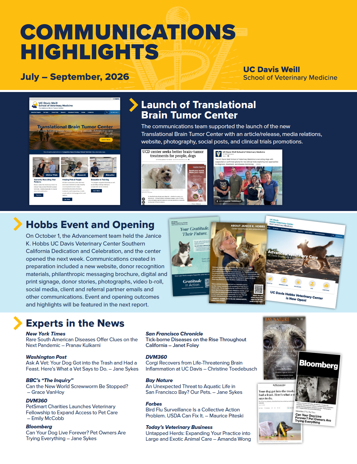 Communications Highlights newsletter with blue-orange header, photos and article thumbnails