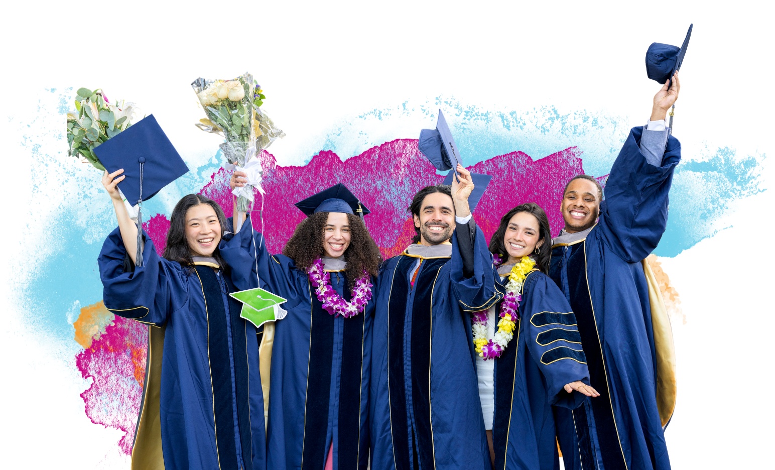 A group of veterinary students in caps and gowns celebrating at commencement.