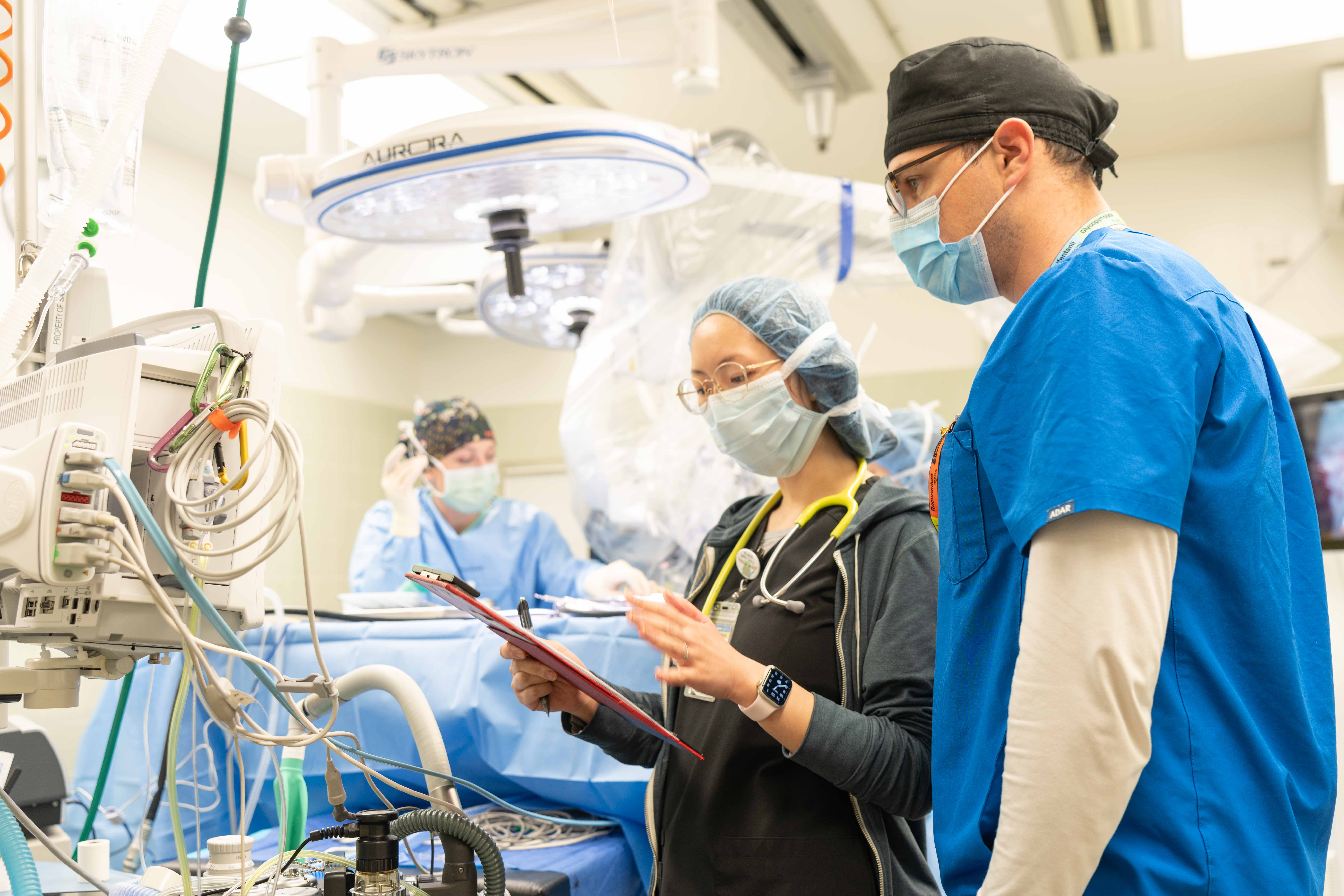 two veterinary professionals wearing masks and scrubs confer in an operating room about information on a clipboard