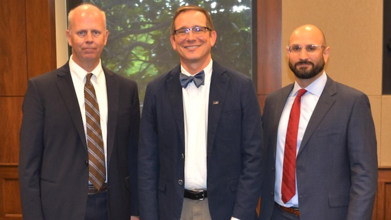 Pictured, left to right: Dr. Huggins, Dr. Kent, and Dr. Monjazeb. Not pictured: Dr. Kurilla. (Courtesy photo / AAVMC) Pictured, left to right: Dr. Huggins, Dr. Kent, and Dr. Monjazeb. Not pictured: Dr. Kurilla.