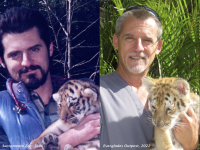 veterinarian holding tiger cubs at two different points in his career, in 1986 and 2022.